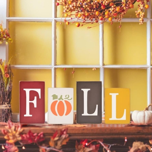 Set of 4 Free Standing Fall Signs Rustic Table Decor Thanksgiving - Picture 1 of 9